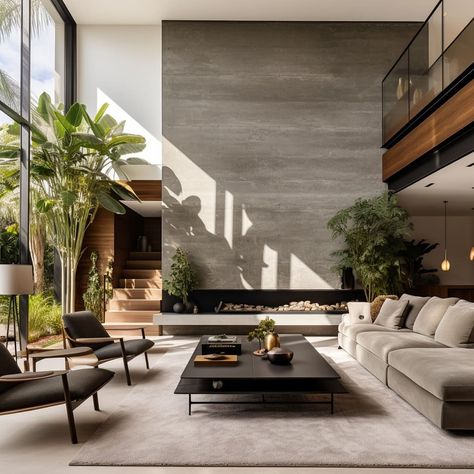 Modern Nature Interior, Modern Minimalist Luxury Living Room, High Ceiling Design Ideas, Minimalist Contemporary Interior Design, House Interior Styles Inspiration, Modern Contemporary House Interior Decor, Unique Modern Interior Design, Japandi Living Room Fireplace, Minimalist Living Room With Plants