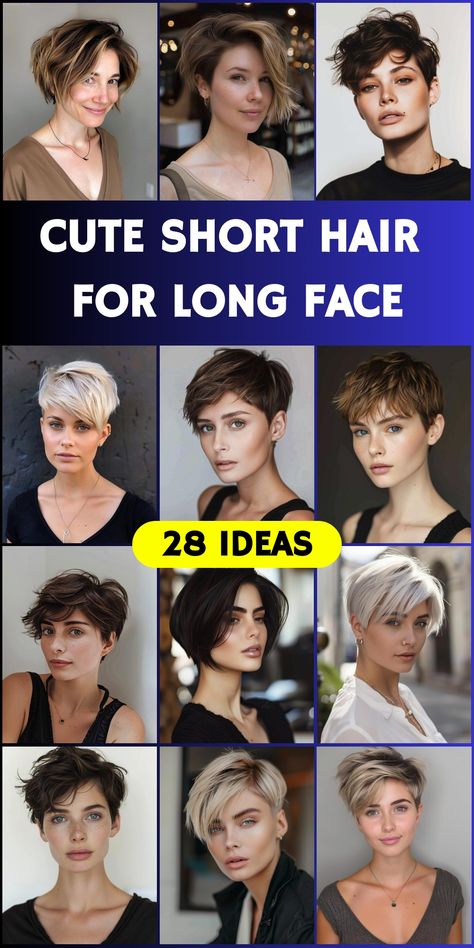 Embrace your long face shape with confidence and style! Discover 28 stunning short haircuts tailored to complement your features perfectly. From chic pixies to elegant bobs, there's a look here that will make you feel absolutely radiant. Short Hair Style For Long Face And Big Nose, Women’s Short Hair Long On Top, Best Hair Styles For Long Faces, Pixie Haircut For Rectangular Face, Pixie Haircut For Long Faces, Short Haircuts For Women Long Face, Short Haircuts Long Face, Long Face Pixie Haircut, Pixie For Long Face Shape