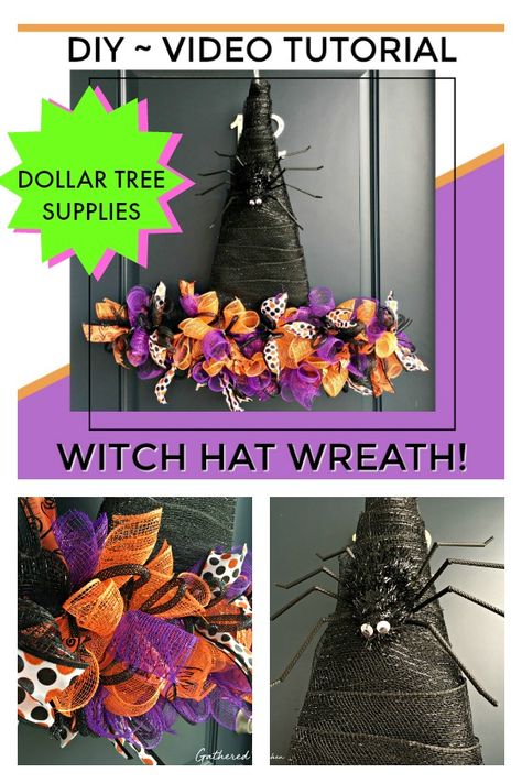 Dollar Tree Witch Hat Wreath, Dollar Tree Witch Hat, Halloween Witch Hat Wreath, Witch Hat Wreath, Hat Form, Halloween Mesh Wreaths, Hat Wreath, Dollar Tree Halloween, Diy Halloween Wreath