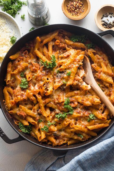 Deliver a cozy and satisfying family dinner with this easy baked Ground Turkey Pasta recipe. You'll love the tender penne tossed in a flavorful sauce of zippy tomatoes, lean turkey, and an Italian herb blend. Ready in about 45 minutes, most of it hands off. Ground Turkey Pasta Bake Recipes, Ground Turkey Pasta Sauce, Ground Turkey With Pasta, What To Do With Ground Turkey, Ground Turkey And Pasta Recipes, Dinner Ideas With Ground Turkey, Ground Turkey Dinner Ideas, Ground Turkey Meals, Ground Turkey Pasta Bake