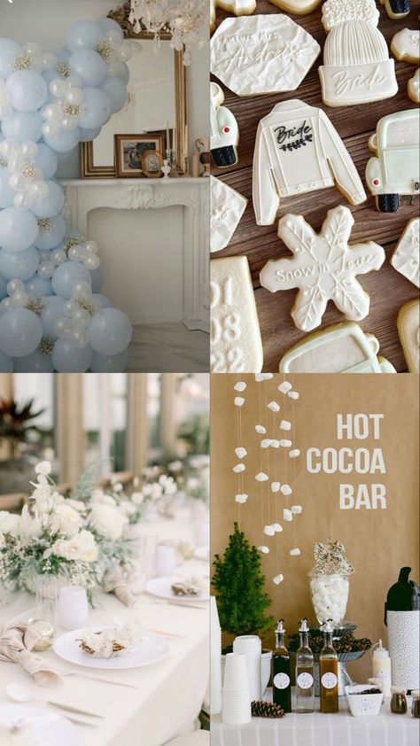 Cold Bachelorette Party Ideas, Christmas Bridal Brunch Ideas, Bridal Shower Theme Ideas Winter, Snow Bridal Shower Ideas, Snow In Love Bridal Shower Cookies, Snowflake Bridal Shower Ideas, December Bachelorette Party Ideas, Winter Themed Brunch, Bridal Shower Themes December