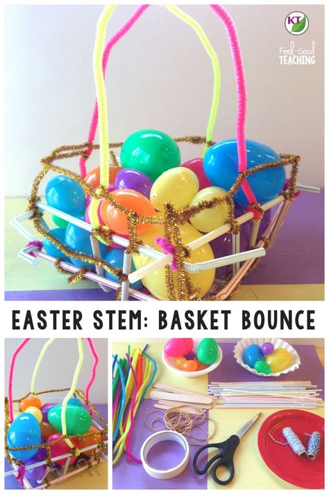 The Basket Bounce Easter STEM Challenge is the perfect STEM activity for spring! It even includes an optional relay race, which students LOVE! Modifications are included to help you make the challenge engaging and productive for students in grades 2 - 8. Click through to spring & Easter STEM Challenge hub to see video walk-throughs, blog posts & more for all 5 spring STEM Challenge activities! Easter Stem Challenge, Easter Stem Activities, Holiday Stem Activities, Structured Play, Easter Stem, Easter Science, Stem Boxes, Steam Lab, Preschool Easter