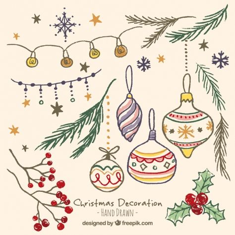 Hand drawn beautiful christmas ornaments in vintage style Free Vector Crismas Tree, Beautiful Christmas Ornaments, Christmas Sketch, Christmas Fonts Free, Christmas Tree Drawing, Ornament Drawing, Christmas Embroidery Patterns, Christmas Tree Art, Christmas Doodles