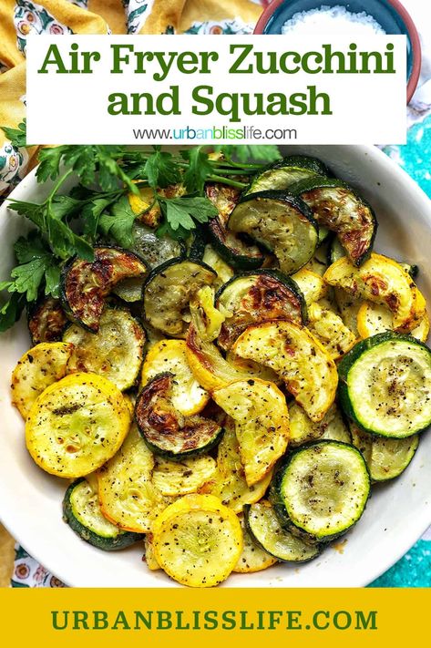 This Air Fryer Zucchini and Squash recipe is an easy and healthy side dish that's perfect for any weeknight dinner. Get the air fryer recipe at UrbanBlissLife.com. Squash Recipes Yellow Air Fryer, Squash Zucchini Air Fryer, Airfry Squash, Steamed Zucchini And Squash, Squash Recipes Air Fryer, Air Fryer Squash And Zucchini, Zucchini Recipes Air Fryer, Air Fryer Zucchini And Squash, Air Fryer Zucchini Recipes