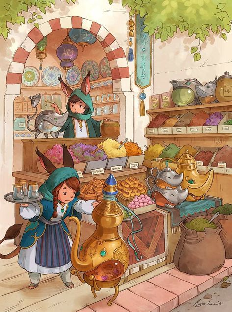 Flamecraft Art, Fantasy Tea Shop, Fantasy Food Concept Art, Sandara Tang, Environmental Background, Social Media Drawings, Tea And Books, February 3, Modern Fantasy