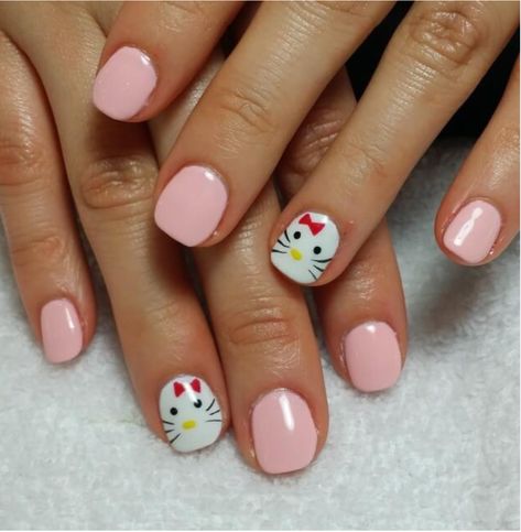 Hello Kitty Nail Art Tutorial, Hello Kitty Painted Nails, Kids Hello Kitty Nails, Fall Nails Kids, Easy Hello Kitty Nails, Hello Kitty Nails For Kids, Cinnamon Roll From Hello Kitty, Hello Kitty Gel Nails, Hello Kitty Nails Short