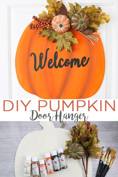 Diy Fall Door Hangers Simple, Easy Fall Door Hangers, Fall Pumpkin Door Hanger, Pumpkin Door Hanger Diy, Homemaking Skills, Halloween Wood Signs, Hanger Crafts, Door Hangers Diy, Pumpkin Door Hanger