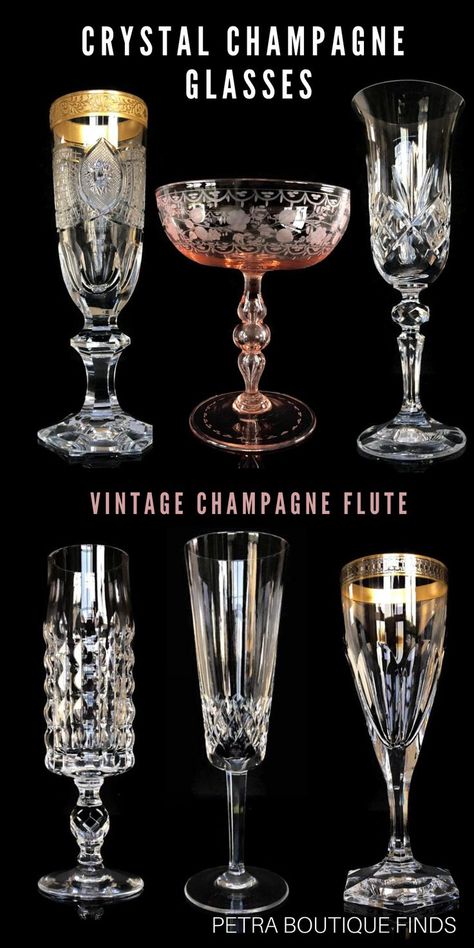 Vintage Champagne Flutes, Bar Cart Vintage, Crystal Glassware Antiques, Vintage Champagne Glasses, Champagne Collection, Crystal Champagne Glasses, Crockery Design, Vintage Drinking Glasses, Champagne Coupe Glasses