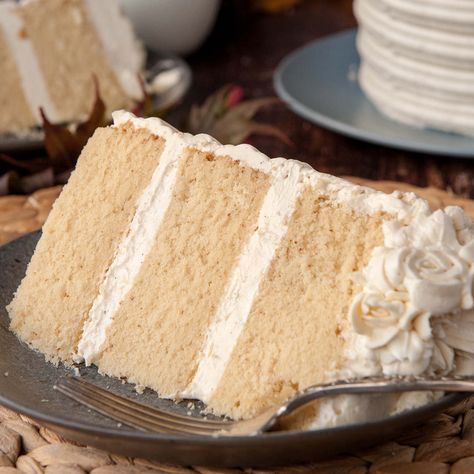 slice of brown butter cake with vanilla bean buttercream on a black plate Brown Butter Cake, Vegan Vanilla Cake, Vanilla Bean Frosting, Cake Pan Sizes, Sugar Geek, Vanilla Bean Buttercream, Vanilla Bean Cakes, Tall Cakes, Cake Frosting