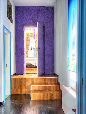 Faux Fur Wall, White Interior Walls, Fur Wall, Pearl House, Simple Door, Purple Curtains, Ornamental Design, Crazy House, Gold Ornament