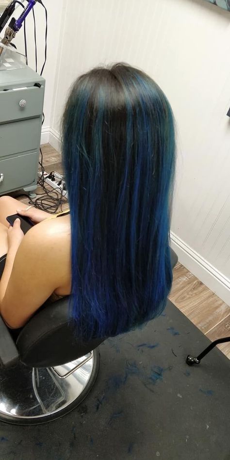 Blue Hair Strikes, Blue Stripes In Hair, Blue Hair With Highlights Blonde, Moonlight Blue Hair, Midnight Dark Blue Hair Highlights, Electric Blue Highlights In Black Hair, Black Blue Highlights Hair, Blue Hilights Hair, Blue Hair Black Highlights