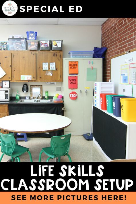 Functional Skills Classroom, Elementary School Life Skills, Life Skills Room Setup, Life Skills Stations, Special Education Classroom Setup High School, Elementary Life Skills Classroom Setup, Vocational Classroom Setup, Classroom Kitchen Ideas, High School Special Education Classroom Decorations