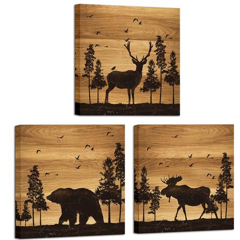 Lodge Wall Decor, Hunting Lodge Decor, Hunting Theme, Hunting Themes, Moose Decor, Fox Decor, Wood Burning Patterns, Bear Decor, Modern Wall Art Canvas