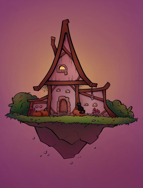 ArtStation - The process of drawing a witch's house in different atmospheres - evening, night, day, magic., Miliukova Mariya Witch House Drawing, Floating House Design, House Drawing Ideas, Wizard Drawings, Landscape Sketches, Pumpkin Sketch, House Doodle, Witch's House, Witchy House