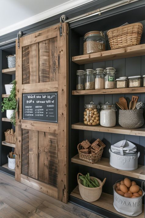 Keep your kitchen organized with a modern farmhouse kitchen mudroom. Explore storage solutions, seating options, and design ideas. #ModernFarmhouse #KitchenDesign #MudroomIdeas #Organization #HomeImprovement Farmhouse Small Pantry, Unique Kitchen Pantry Ideas, Farmhouse Food Storage, House Kitchen Organization, Interior Design Kitchen With Island, Farmhouse Brick Backsplash Kitchen, Big Shelf Ideas, Reclaimed Interior Design, Kitchen Linen Organization