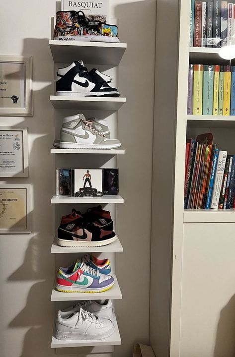 Sneakers Wall, Sneaker Wall, Wall Shoe Rack, Shoe Storage Small Space, Shoe Wall, White Room Decor, Future Apartment Decor, Room Shelves, Decorating Shelves