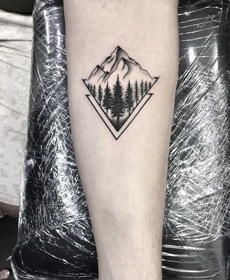 Mountain Tattoo Diamond Shape, Bicep Mountain Tattoo Men, Triangle Scenery Tattoo, Swiss Alps Tattoo, Tattoo Triangle, Mens Body Tattoos, Geometric Mountain Tattoo, Colorado Tattoo, Leg Sleeve Tattoos