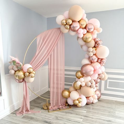 This hoop backdrop is a timeless piece with endless ways to decorate it. ✨ We loved incorporating fabric and a touch of floral for my clients retirement party. 💕 Hoop Backdrop, Gold Hoop Backdrop With Balloons, Round Backdrop With Balloons And Flowers, Love In Bloom Balloon Arch, Circle Arch Baby Shower Backdrop, Circle Backdrop With Pink Balloons, Party Hacks, Baby Shower Backdrop, Balloon Backdrop