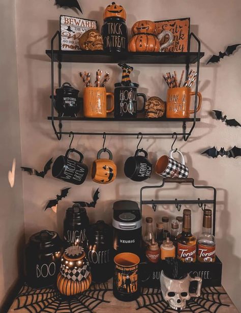 Coffee Bar Halloween, Modern Goth Home Decor, Halloween Coffee Bar Ideas, Gothic Coffee Bar, Goth Coffee Bar, Spooky Coffee Bar, Halloween Coffee Bar, Halloween Entryway, Goth Kitchen