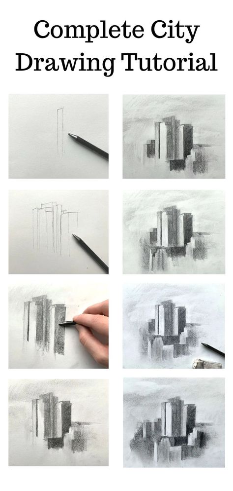 Get the FREE complete city drawing tutorial. Learn the basics of how to use light and dark values to create a convincing and realistic city drawing. Great drawing tips for beginners and more advanced artists. Wonderful drawing tutorial! City Drawing Easy, City Landscape Drawing, Drawing Tips For Beginners, Draw Figures, Wing Ideas, Art Fundamentals, Value Drawing, Manga Reference, Pencil Drawings For Beginners