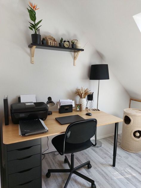 Black And Wood Aesthetic Bedroom, Black Office Desk Chair, Black And Brown Desk Aesthetic, Ikea Black Desk, Black Desks For Bedrooms, Brown Wood Desk Decor, Two Desk Home Office Black, Black Office Desk Ideas, Bedroom Desk Black