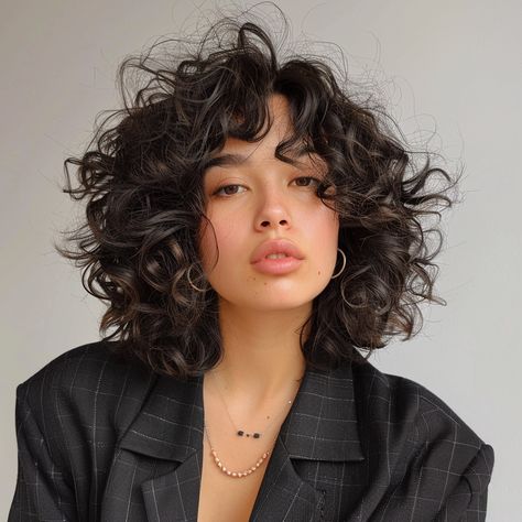 The Shoulder-Grazing Shag Bob Haircuts Thick Curly Hair, Face Framing Bangs Curly Hair, Curly Hair Bun Styles, Curly Hair Bob Haircut, Medium Curly Bob, Curly Bob Haircut, Shag Bob, Bob Riccio, Curly Bob Haircuts