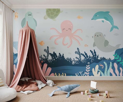 Friendly Octopus, Ocean Wall Mural, Under The Sea Wallpaper, The Sea Wallpaper, Underwater Bedroom, Underwater Realm, Sea Bedrooms, Sea Murals, Ocean Mural