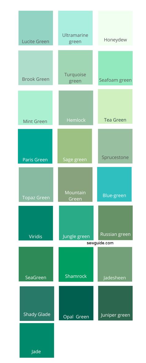 Green Shades For Bedroom, Mint Color Names, Green Palate Color Palettes, Colors Green Palette, Green Color Names Shades, Different Shades Of Colors, Types Of Greens Colours, Rare Shades Of Green, Green Shades Name