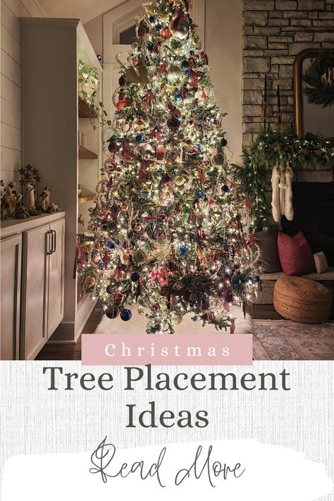 Check out all the rooms I place Christmas Trees in our Home Christmas Trees In Small Spaces, Moving Furniture For Christmas Tree, Christmas Tree By The Fireplace, Christmas Tree Positioning, Places To Put Christmas Tree, Christmas Tree In Middle Of Room, Christmas Tree Beside Fireplace, 2 Christmas Trees In One Room, Christmas Tree Placement Open Floor Plan