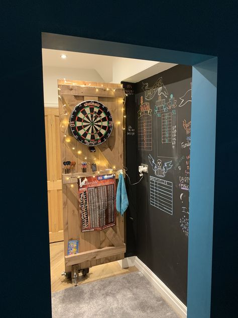 Home Dart Board Ideas, Hidden Dart Board, Hidden Dart Board Ideas, Dartboard Wall, Dartboard Surround, Dart Board Wall, Hidden Games, Farmhouse Vibes, Extra Bedroom