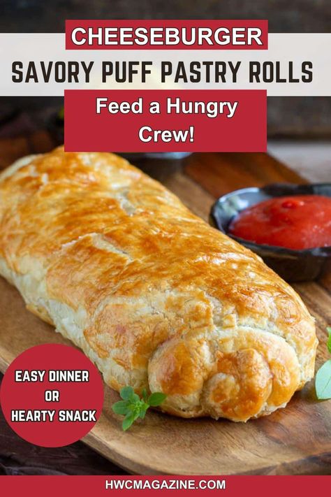 Kick off your next gathering with our easy crowd-pleasing cheese and ground beef puff pastry rolls. This savory cheeseburger-style appetizer is filled with seasoned minced beef and melty cheese, rolled in a puff pastry sheet, and baked to perfection. It’s the perfect hearty tailgating snack or even dinner idea. Puff Pastry Recipes Dinner, Puff Pastry Rolls, Puff Pastry Snacks, Pastry Rolls, Puff Pastry Recipes Savory, Savory Puff Pastry, Beef Appetizers, Tailgate Snacks, Turnover Recipes