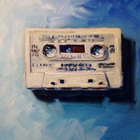 "White Cassette on Blue" 8x8 inch oil on canvas; daily painting number 70 #dailypainting #paintingaday #oilpainting #oils #80s #tapeCassette #painting #art Toy Paintings Art, 90s Painting Ideas Aesthetic, 80s Painting Ideas On Canvas, Old School Paintings, Music Painting Ideas Easy, Cassette Tape Painting, 80s Aesthetic Art, 80s Drawings, Cassette Painting