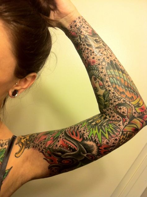 nooseneck:    Finished my second sleeve. Woo! Sleeve Background Filler Women, Dot Filler Tattoo, Star Tattoo Filler Ideas, Star Filler Tattoo Sleeve, Stars And Dots Tattoo Filler, Tattoos Eagle, Filler Tattoo Designs, Traditional Tattoo Filler, Space Tattoo Sleeve