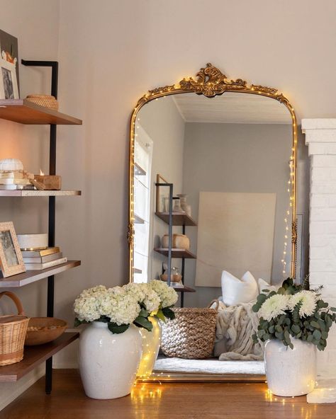 Sarah Elizabeth Ray on Instagram - Style, Home, Motherhood - Styled my mirror for Valentine’s Day, kept it fun and low key romantic. Say yes to all the flowers & twinkle lights. This mirror is from Arhaus #goldmirror #homedecor #decorinspo #farmhouse Mirror And Flowers, Sarah Elizabeth, Emoji Love, Decorating Small Spaces, Style Home, Amelie, Rustic Design, Bedroom Inspirations, Apartment Decor