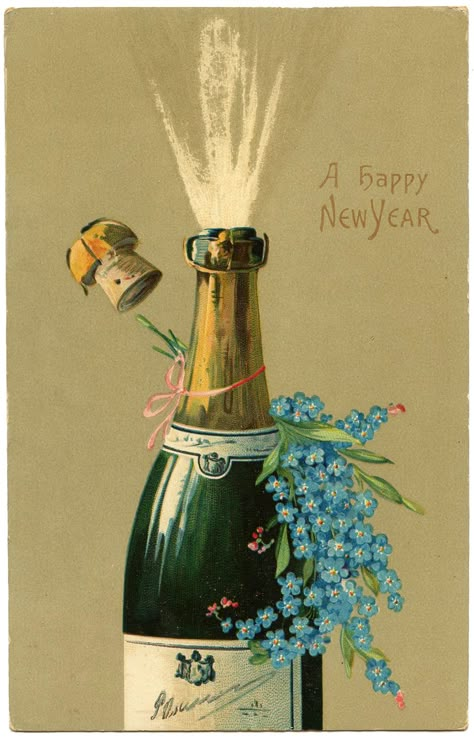 New Years Projects, Champagne Clipart, Champagne Images, Postcards Inspiration, Vintage Happy New Year, New Years Eve Day, Victorian Images, Glitter Champagne, New Year Illustration