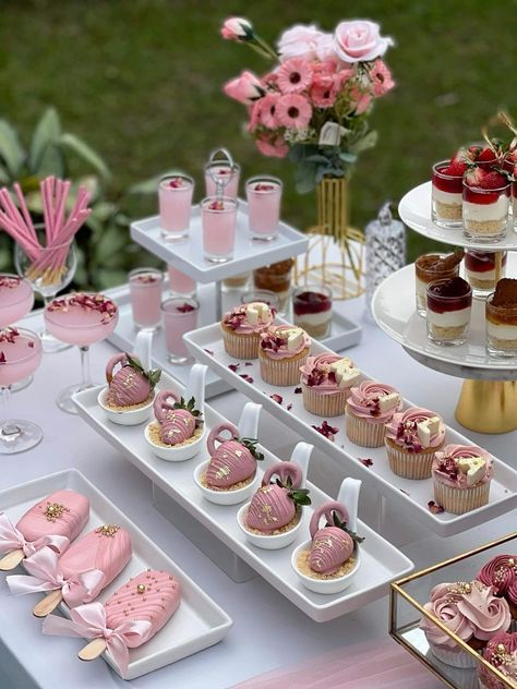 Sweet Sixteen Tea Party Ideas, Bridgerton Dessert Table, Pink Dessert Tables, Pink Dessert, Sweet Sixteen Birthday Party Ideas, Pink Desserts, Chocolate Crafts, Catering Display, Birthday Inspiration