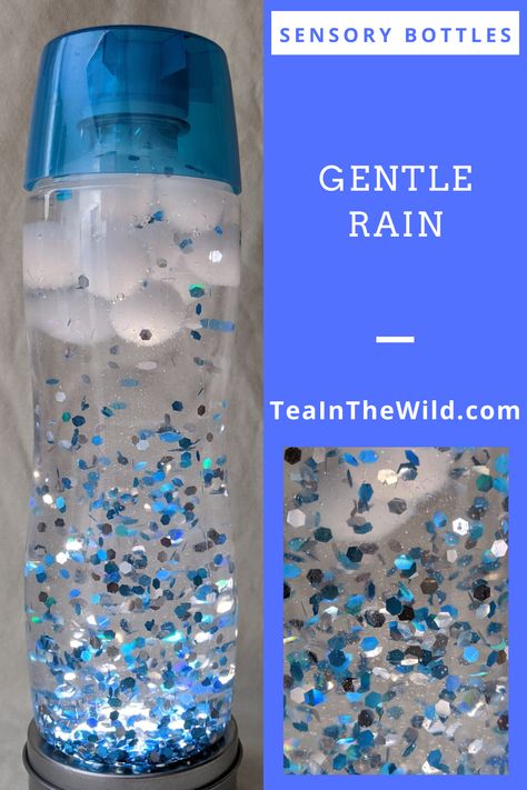 Create your own rain cloud in a bottle with this Gentle Rain Sensory Bottle. Cloud In A Bottle, Rain Crafts, Calm Down Bottle, Discovery Bottles, Sensory Bottle, Water Therapy, Sensory Bags, Baby Sensory Play, Sensory Crafts