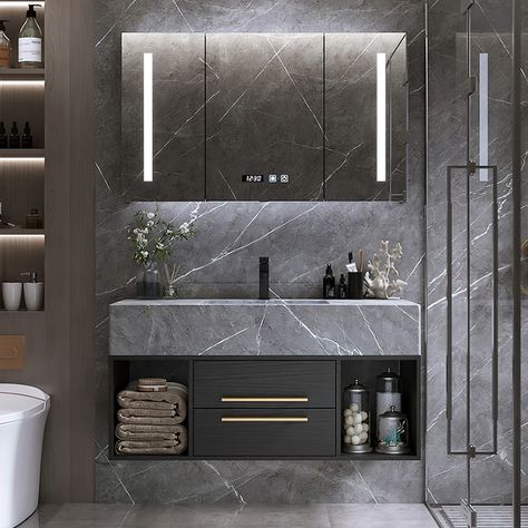 Modern 39" Wall Mounted Single Bathroom Vanity Set - On Sale - Bed Bath & Beyond - 40235451 Gray Marble Bathroom, Modern Luxury Bathroom, Cultured Marble Vanity Top, Wall Mounted Bathroom Cabinets, Bathroom Vanity Designs, Hallway Bathroom, Floating Bathroom Vanity, Vanity Set With Mirror, Vanity Design