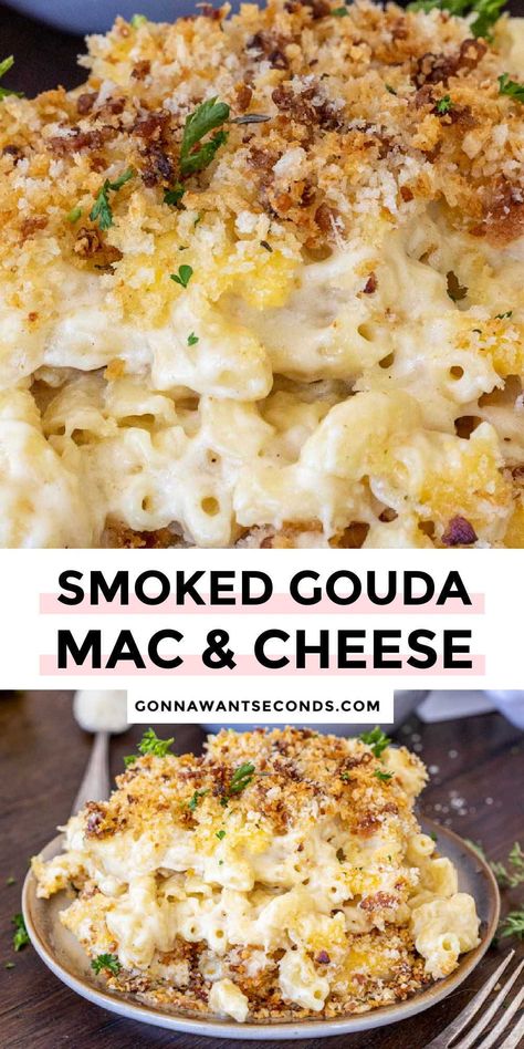 *NEW* Smoked gouda mac and cheese has tender al dente pasta in a super creamy, velvety cheese sauce, topped with a buttery, crunchy crumb topping. It’s so gouda! #macandcheese #macaroniandcheese What To Make With Gouda Cheese, Mac And Cheese Recipe Gourmet, Elevated Mac And Cheese Recipe, Gouda Macaroni And Cheese, Baked Mac And Cheese With Gouda, Homemade Gouda Mac And Cheese Recipe, Asiago Mac And Cheese, How To Make Gouda Cheese, Guada Mac And Cheese