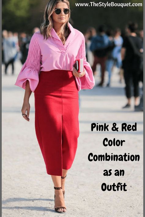 Pink & Red Mix & Match Outfit Combination Pink Street, Mode Tips, Women Ideas, Moda Paris, Spring Look, Colour Blocking, Red Skirt, Looks Street Style, Red Outfit