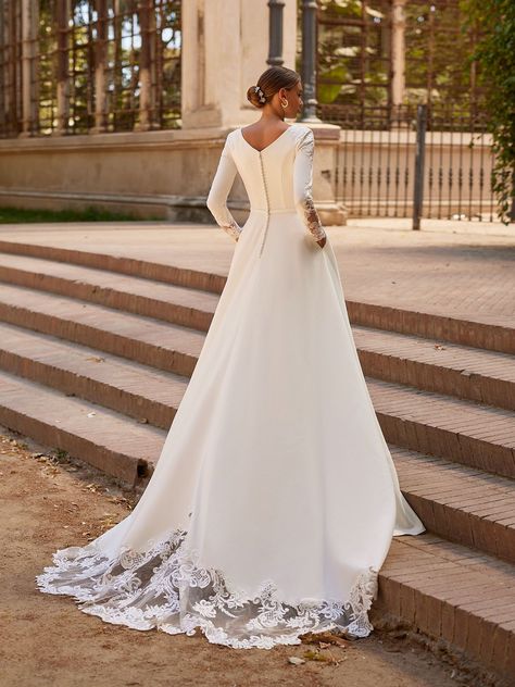 Bateau Neckline Wedding Dress Long Sleeve, V Neck Modest Wedding Dress, Satin Wedding Dress Sleeves, Satin Wedding Dress Modest, Modest Elegant Wedding Dress, Wedding Dress Conservative, Long Sleeve Satin Wedding Dress, Conservative Wedding Dress, Modest Lace Wedding Dresses