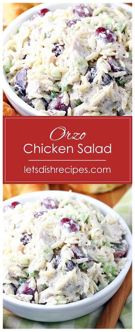 Orzo Chicken Salad Recipe -- Orzo pasta and tender chicken combine with grapes, celery, mayonnaise and seasonings in this unique twist on traditional chicken salad. #orzo #chicken #salad #chickensalad #recipe Orzo Chicken Salad, Salad Orzo, Chicken Salad With Grapes, Crab Salad Recipe, Orzo Salad Recipes, Chicken Salad Recipe Easy, Orzo Pasta Salad, Grape Recipes, Orzo Recipes