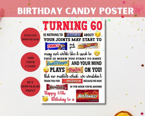 No Physical Item Will Be Shipped This Is A Digital Download Item 60th Birthday Candy Poster| Unique Birthday Gifts! Celebrate a milestone with our funny birthday candy poster!  **This is a digital file - No physical item or frame will be sent to you Sizes: 18x24 Poster comes blank How it Works: - Purchase from the listing - Choose the size you need - Download from  your order - Add Your Full Size Candy Bars - Print and enjoy! Files can be printed at home or at your favorite print shop. File size 50 Candy Bar Poster, Turning 50 Candy Bar Poster, 50th Candy Bar Poster, 50th Birthday Candy Bar Poster, Happy 50th Birthday Sign, 50th Birthday Puns, Candy Bar Posters For Birthday, 50 Gifts For 50th Birthday For Women, 50th Birthday Candy Poster