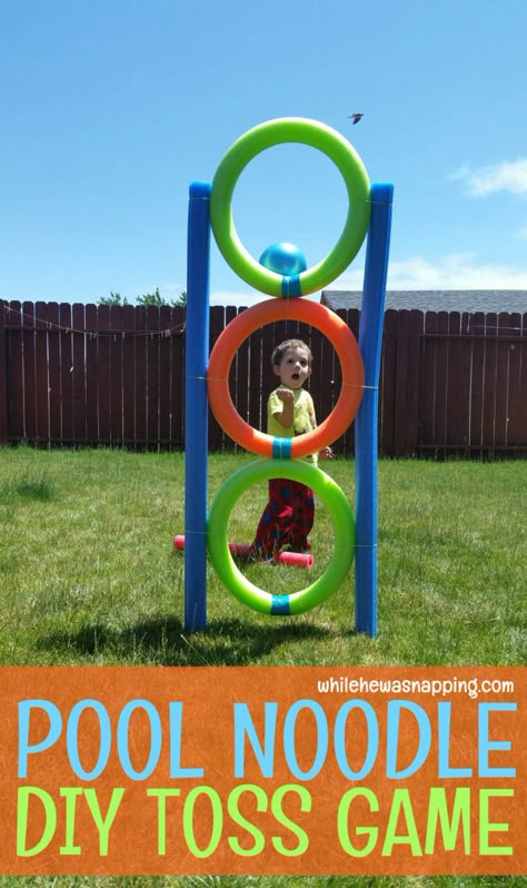 Lots of Activities for Kids Using Pool Noodles - Six Clever Sisters Pool Noodle Ring Toss, Penny Toss Carnival Game, Back To School Pool Party Ideas, Waterballoon Toss, Outdoor Family Games Summer Ideas, School Carnival Games Diy, Diy Obstacle Course For Adults, Carnival Ideas For Kids, Spring Carnival Games