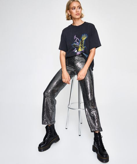 Free People - Shine On Trousers Shimmer Black 275.00 AUD Sequin Trousers, Spot Popping, Shine On, Black Spot, Free People Black, Pop Fashion, Alternative Fashion, Black Fabric, Tshirt Dress