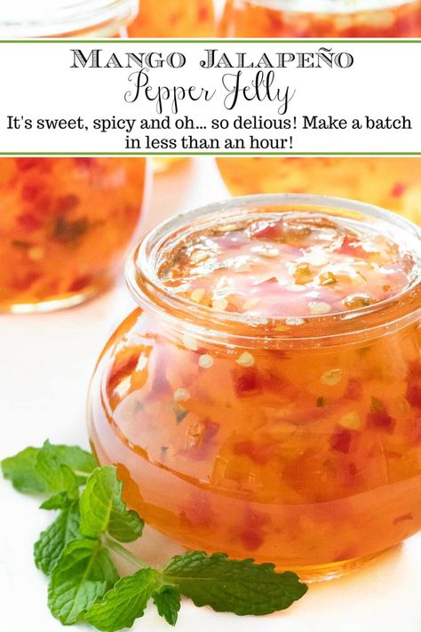 This sweet, spicy Mango Jalapeño Pepper Jelly makes a lovely gift and is a fabulous appetizer served with crackers and spooned over goat or cream cheese. Jalapeno Pepper Jelly, Pepper Jelly Recipes, Jalapeno Jelly, Mango Jelly, Hot Pepper Jelly, Jalapeno Pepper, Jam Recipes Homemade, Homemade Condiments, Pepper Jelly