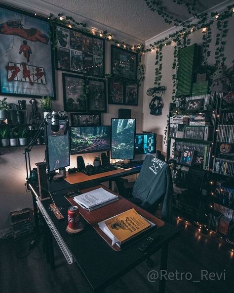 Gaming Computer Desk Setup Aesthetic, Video Game Setup Aesthetic, Cool Office Setup, Desk Pc Ideas, Aesthetic Gaming Rooms, Aesthetic Bedroom Gaming, His And Hers Gaming Setup Desks, Aesthetic Setup Ideas, Desk Setup Productivity