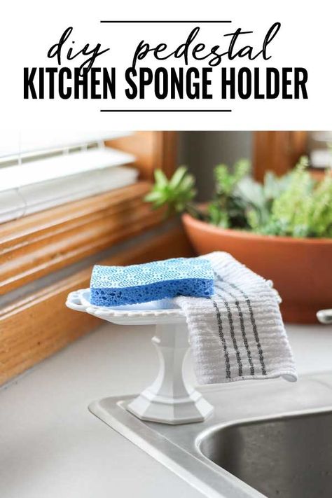 DIY Pedestal Kitchen Sponge Holder Diy Sink Caddy, Sponge Holder Ideas, Kitchen Sponge Holder Ideas, Diy Sponge Holder, Diy Sponges, Diy Pedestal, Sponge Holder Kitchen, Kitchen Sponge Holder, White Spray Paint