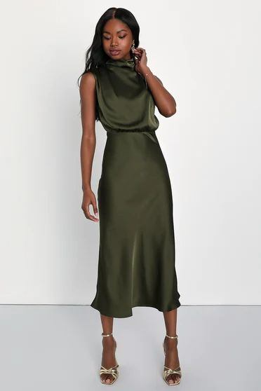 Fall Wedding Guest Dresses - Fall Wedding Outfits - Lulus Olive Green Bridesmaid Dresses, Fall Wedding Outfits, Green Satin Dress, Midi Dress Outfit, Wedding Guest Outfit Fall, Asymmetrical Midi Dress, Fall Wedding Guest, Fall Wedding Guest Dress, Olive Green Dresses