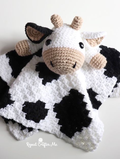 Crochet Cow Lovey Blanket - Repeat Crafter Me Crochet Woodland Lovey Free Pattern, Quick Crochet Market Ideas, Cow Lovey, Crocheted Cow, Crochet Lovey Free Pattern, Crochet Security Blanket, Lovey Crochet Pattern, Crochet Farm Animals, Crocheted Cow Pattern